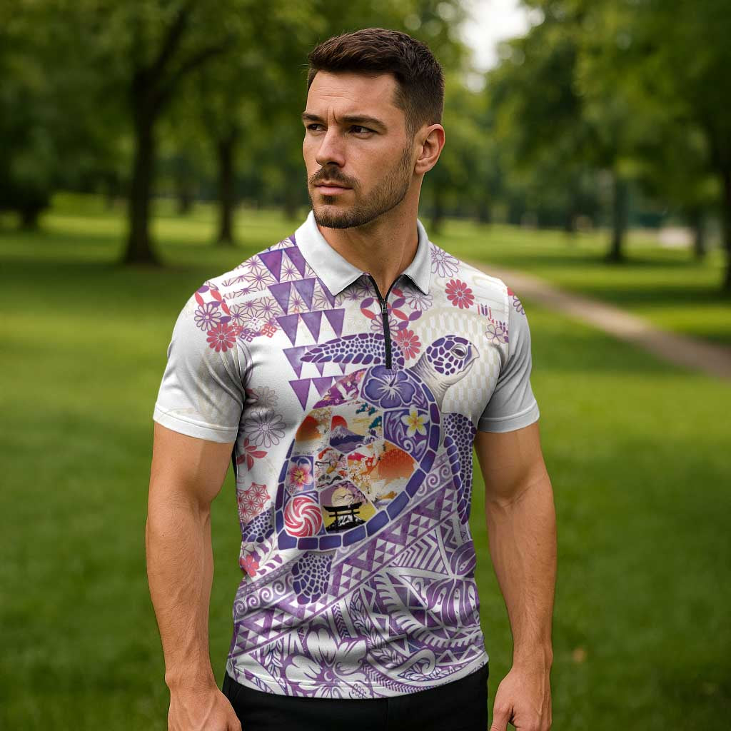 Hawaiian and Japanese Culture Together Zipper Polo Shirt Tropical Honu with Japanese Elements Purple Color LT03 - Polynesian Pride