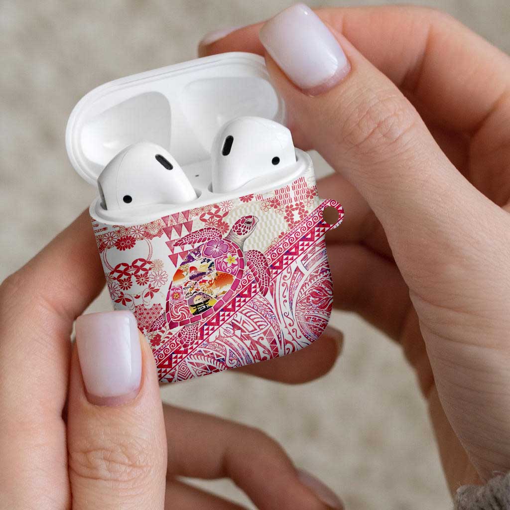 Hawaiian and Japanese Culture Together AirPods Case Tropical Honu with Japanese Elements Pink Color