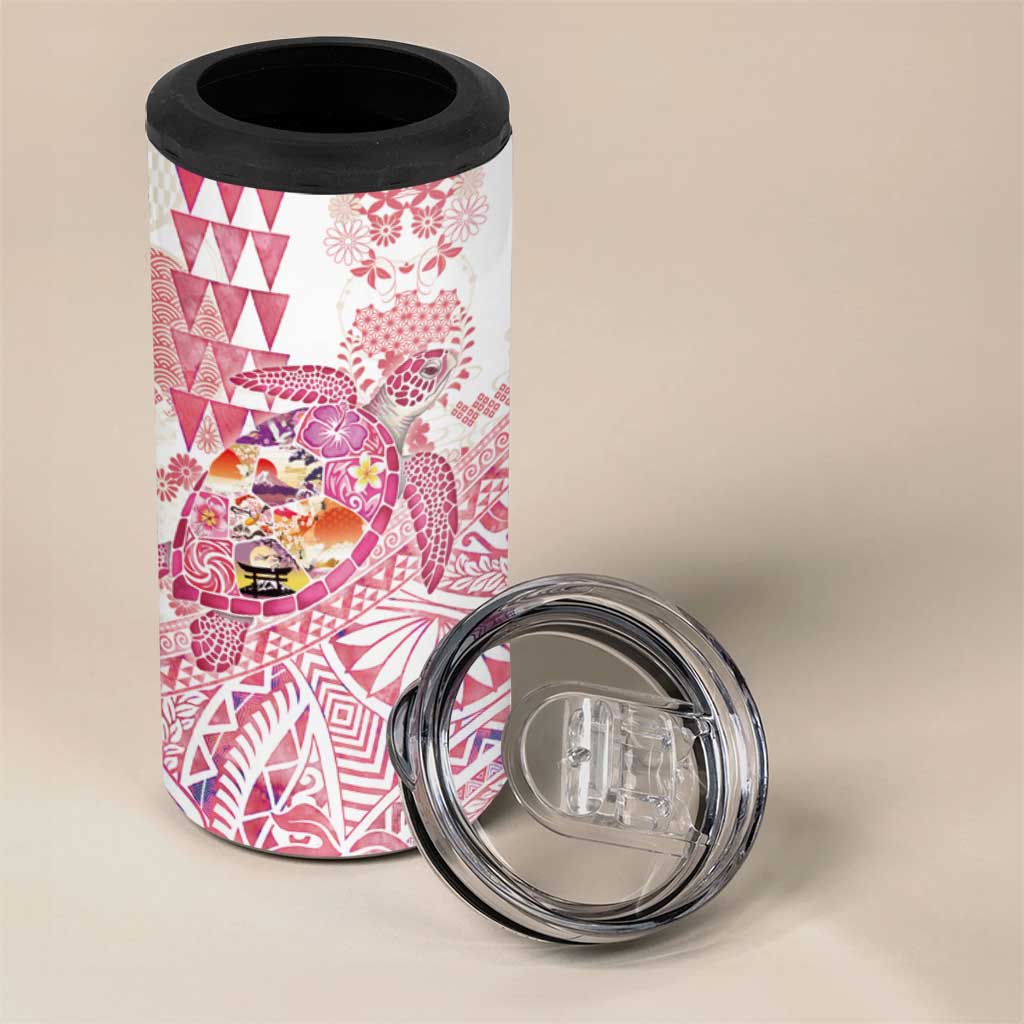 Hawaiian and Japanese Culture Together 4 in 1 Can Cooler Tumbler Tropical Honu with Japanese Elements Pink Color LT03 - Polynesian Pride