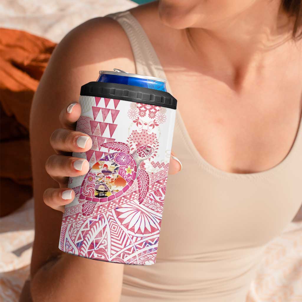 Hawaiian and Japanese Culture Together 4 in 1 Can Cooler Tumbler Tropical Honu with Japanese Elements Pink Color LT03 - Polynesian Pride