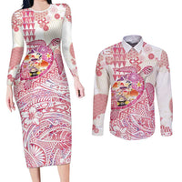 Hawaiian and Japanese Culture Together Couples Matching Long Sleeve Bodycon Dress and Long Sleeve Button Shirt Tropical Honu with Japanese Elements Pink Color LT03 Pink - Polynesian Pride