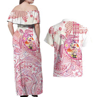 Hawaiian and Japanese Culture Together Couples Matching Off Shoulder Maxi Dress and Hawaiian Shirt Tropical Honu with Japanese Elements Pink Color LT03 - Polynesian Pride