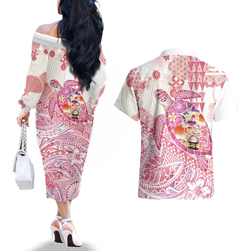 Hawaiian and Japanese Culture Together Couples Matching Off The Shoulder Long Sleeve Dress and Hawaiian Shirt Tropical Honu with Japanese Elements Pink Color LT03 - Polynesian Pride