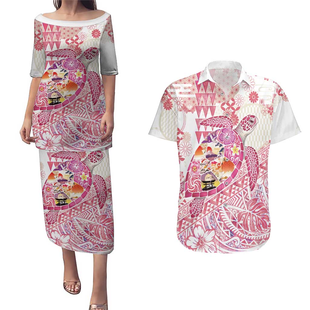 Hawaiian and Japanese Culture Together Couples Matching Puletasi and Hawaiian Shirt Tropical Honu with Japanese Elements Pink Color LT03 Pink - Polynesian Pride