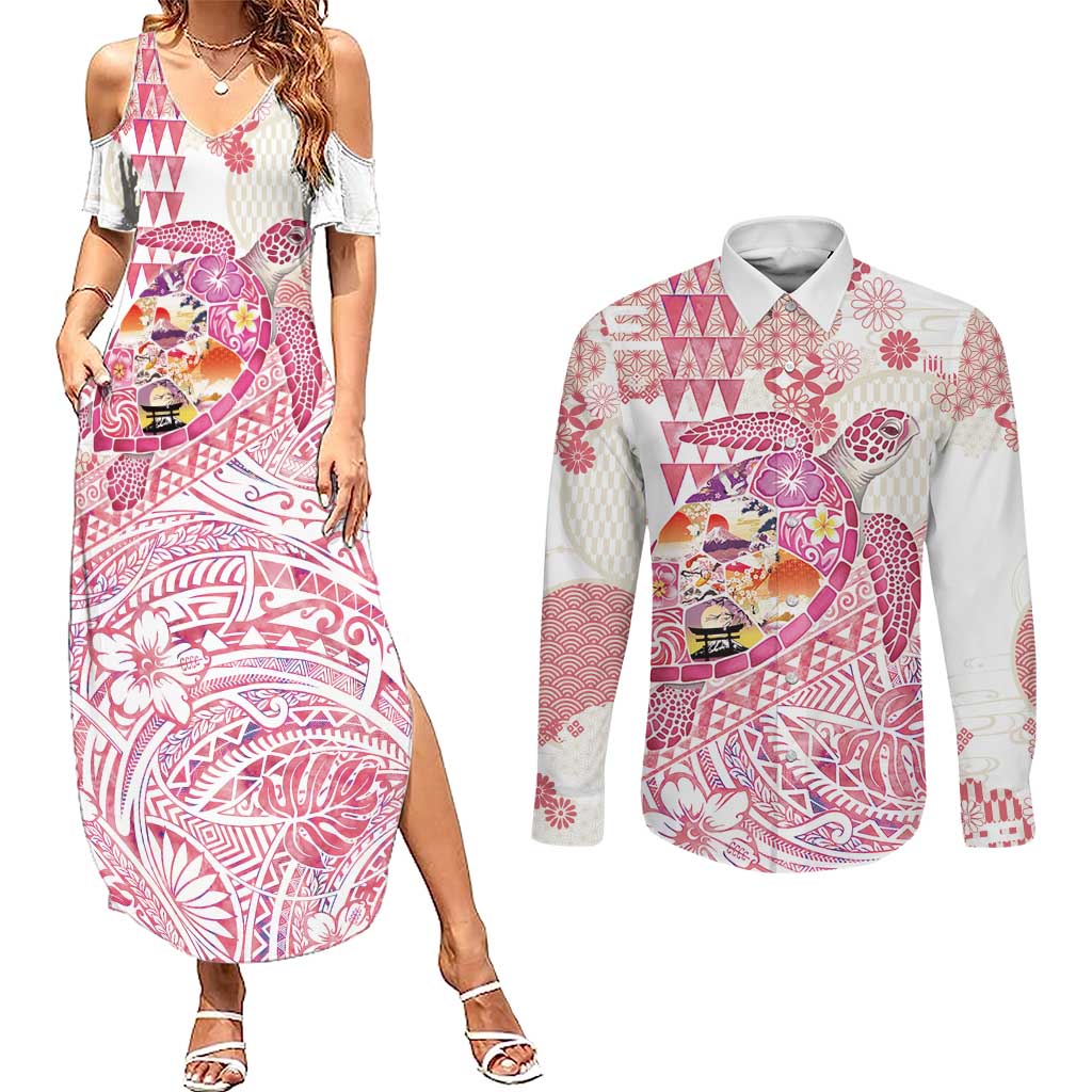 Hawaiian and Japanese Culture Together Couples Matching Summer Maxi Dress and Long Sleeve Button Shirt Tropical Honu with Japanese Elements Pink Color LT03 Pink - Polynesian Pride