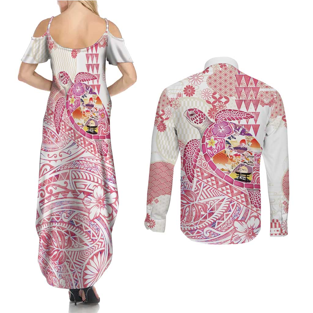 Hawaiian and Japanese Culture Together Couples Matching Summer Maxi Dress and Long Sleeve Button Shirt Tropical Honu with Japanese Elements Pink Color LT03 - Polynesian Pride