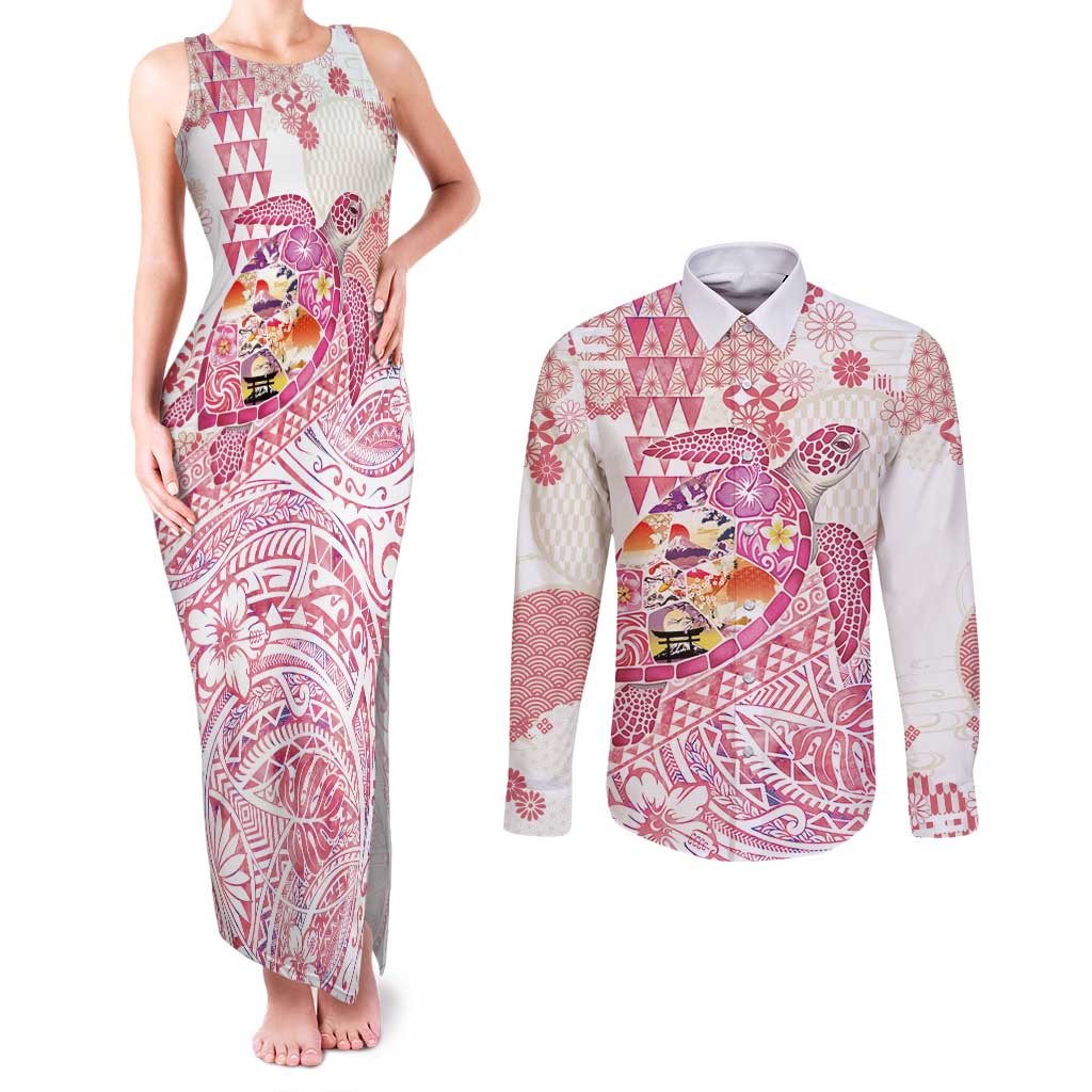 Hawaiian and Japanese Culture Together Couples Matching Tank Maxi Dress and Long Sleeve Button Shirt Tropical Honu with Japanese Elements Pink Color LT03 Pink - Polynesian Pride