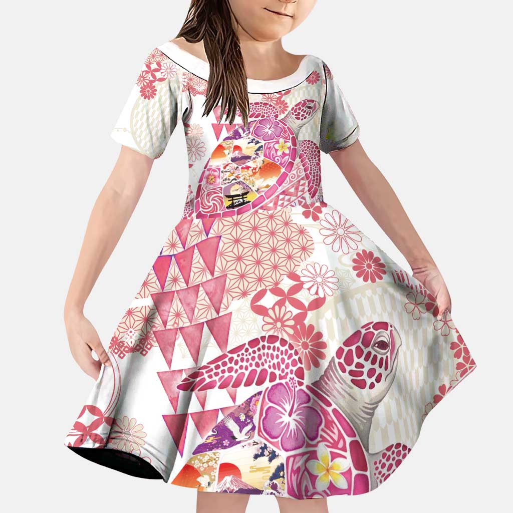 Hawaiian and Japanese Culture Together Family Matching Short Sleeve Bodycon Dress and Hawaiian Shirt Tropical Honu with Japanese Elements Pink Color LT03 Daughter's Dress Pink - Polynesian Pride
