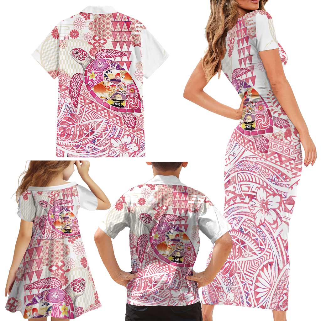 Hawaiian and Japanese Culture Together Family Matching Short Sleeve Bodycon Dress and Hawaiian Shirt Tropical Honu with Japanese Elements Pink Color LT03 - Polynesian Pride