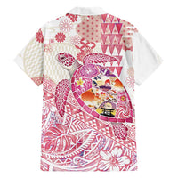Hawaiian and Japanese Culture Together Family Matching Short Sleeve Bodycon Dress and Hawaiian Shirt Tropical Honu with Japanese Elements Pink Color LT03 - Polynesian Pride