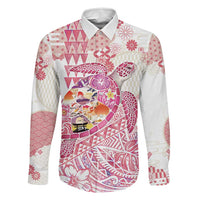 Hawaiian and Japanese Culture Together Family Matching Short Sleeve Bodycon Dress and Hawaiian Shirt Tropical Honu with Japanese Elements Pink Color LT03 Dad's Shirt - Long Sleeve Pink - Polynesian Pride