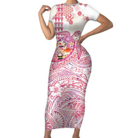 Hawaiian and Japanese Culture Together Family Matching Short Sleeve Bodycon Dress and Hawaiian Shirt Tropical Honu with Japanese Elements Pink Color LT03 Mom's Dress Pink - Polynesian Pride