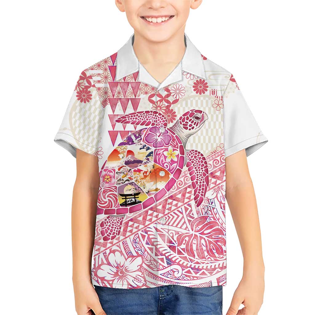 Hawaiian and Japanese Culture Together Family Matching Short Sleeve Bodycon Dress and Hawaiian Shirt Tropical Honu with Japanese Elements Pink Color LT03 Son's Shirt Pink - Polynesian Pride
