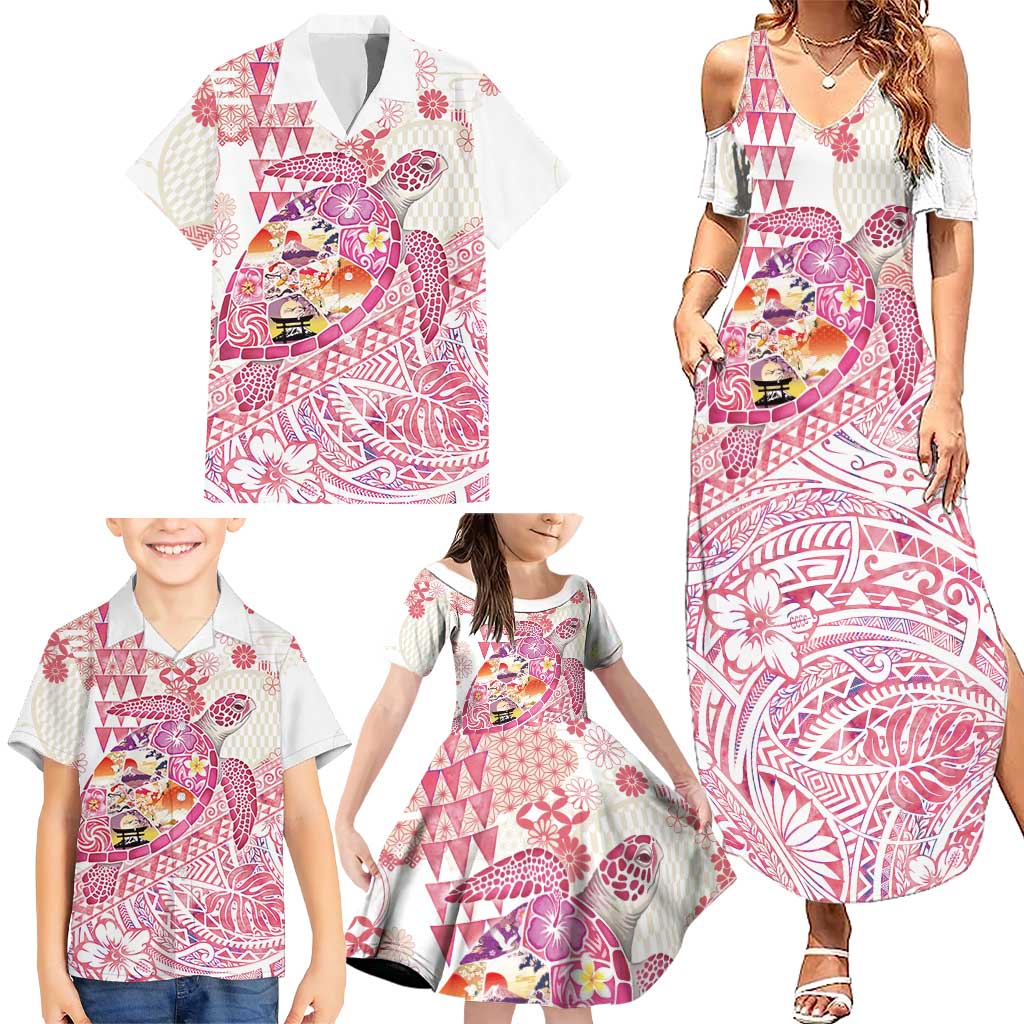 Hawaiian and Japanese Culture Together Family Matching Summer Maxi Dress and Hawaiian Shirt Tropical Honu with Japanese Elements Pink Color