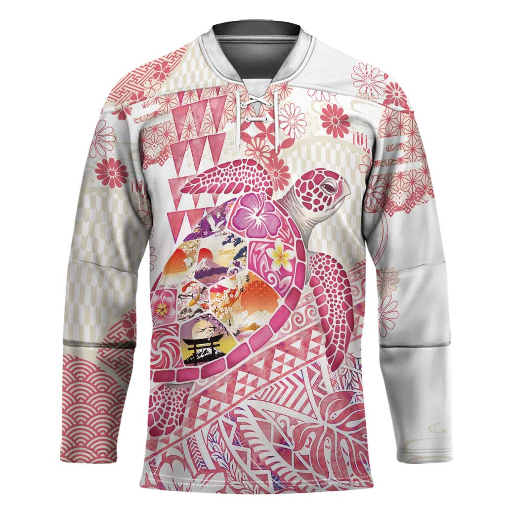 Hawaiian and Japanese Culture Together Hockey Jersey Tropical Honu with Japanese Elements Pink Color
