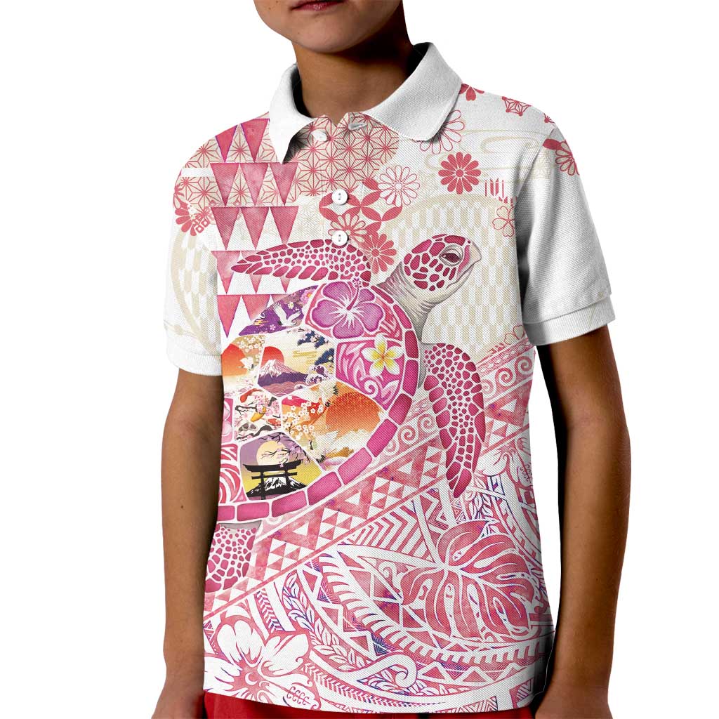 Hawaiian and Japanese Culture Together Kid Polo Shirt Tropical Honu with Japanese Elements Pink Color LT03 Kid Pink - Polynesian Pride