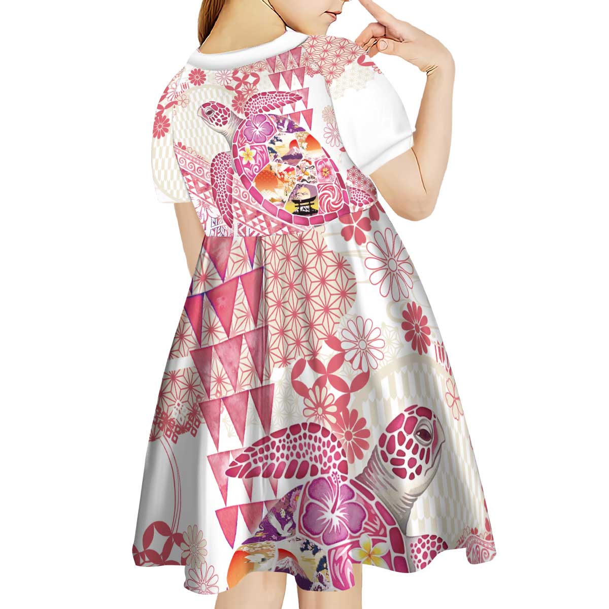Hawaiian and Japanese Culture Together Kid Short Sleeve Dress Tropical Honu with Japanese Elements Pink Color LT03 - Polynesian Pride