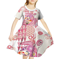 Hawaiian and Japanese Culture Together Kid Short Sleeve Dress Tropical Honu with Japanese Elements Pink Color LT03 - Polynesian Pride