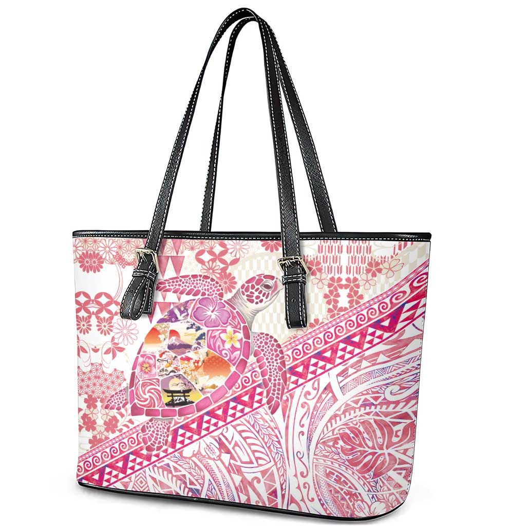 Hawaiian and Japanese Culture Together Leather Tote Bag Tropical Honu with Japanese Elements Pink Color