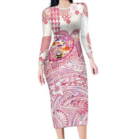 Hawaiian and Japanese Culture Together Long Sleeve Bodycon Dress Tropical Honu with Japanese Elements Pink Color LT03 Long Dress Pink - Polynesian Pride