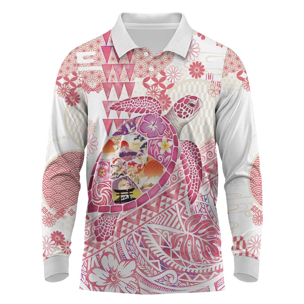 Hawaiian and Japanese Culture Together Long Sleeve Polo Shirt Tropical Honu with Japanese Elements Pink Color LT03 Pink - Polynesian Pride