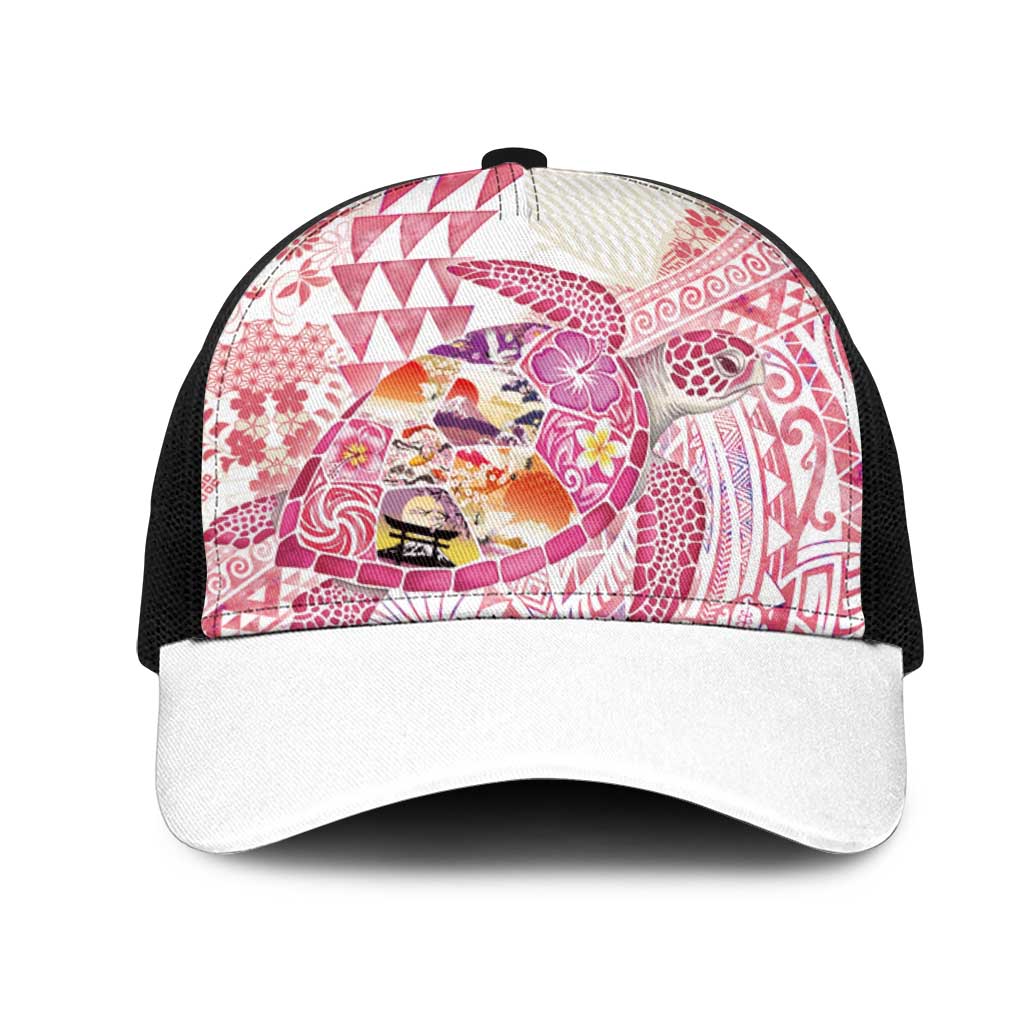 Hawaiian and Japanese Culture Together Mesh Trucker Cap Tropical Honu with Japanese Elements Pink Color