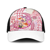 Hawaiian and Japanese Culture Together Mesh Trucker Cap Tropical Honu with Japanese Elements Pink Color