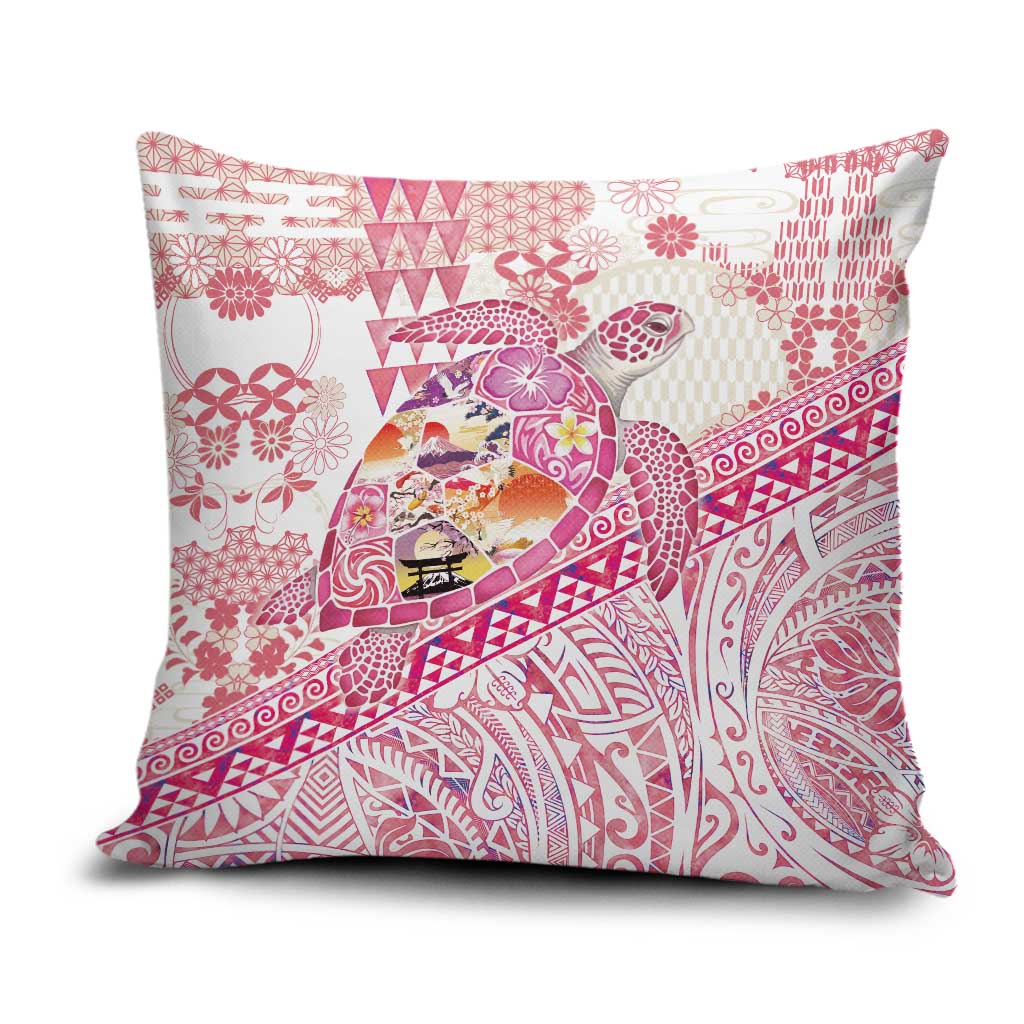 Hawaiian and Japanese Culture Together Pillow Cover Tropical Honu with Japanese Elements Pink Color
