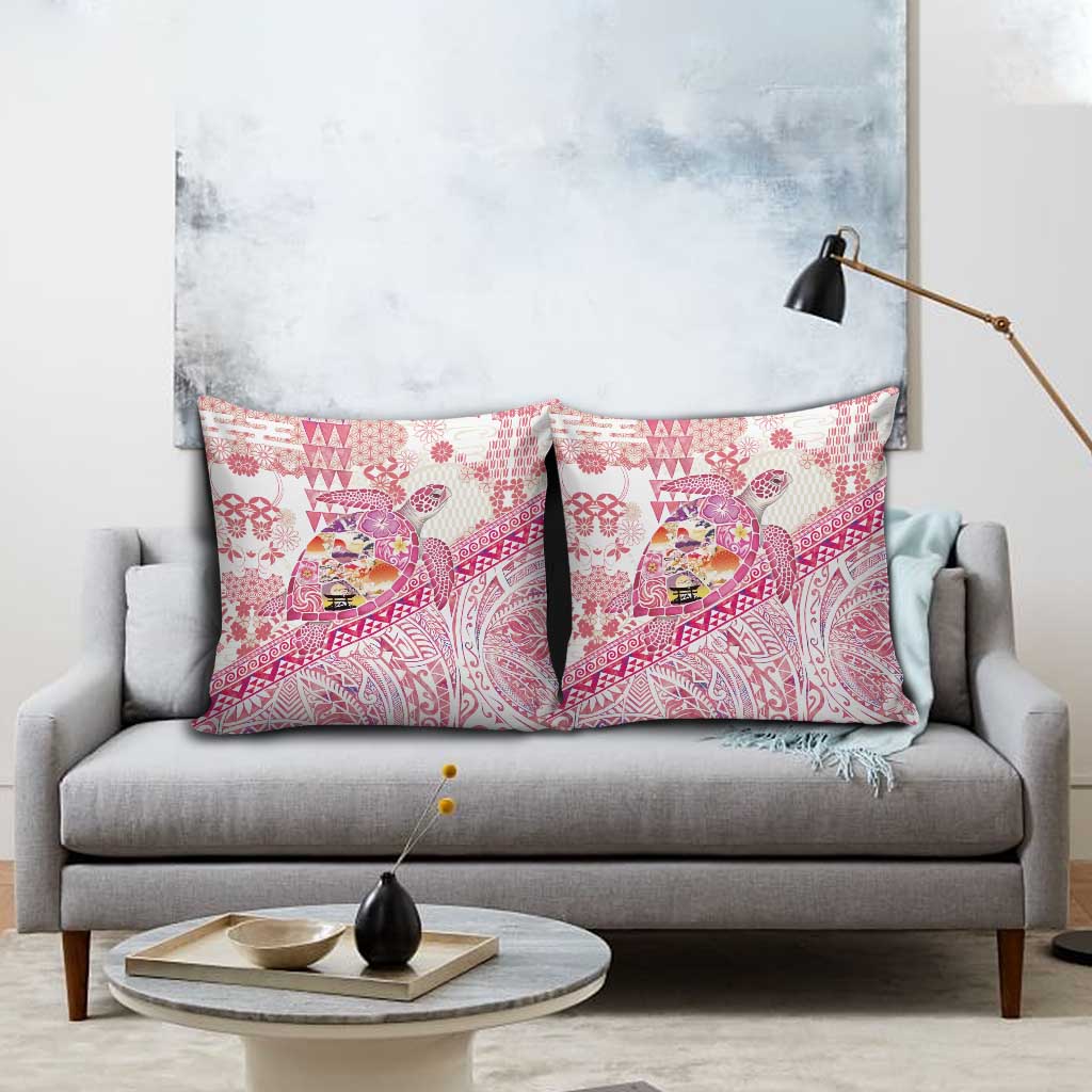 Hawaiian and Japanese Culture Together Pillow Cover Tropical Honu with Japanese Elements Pink Color