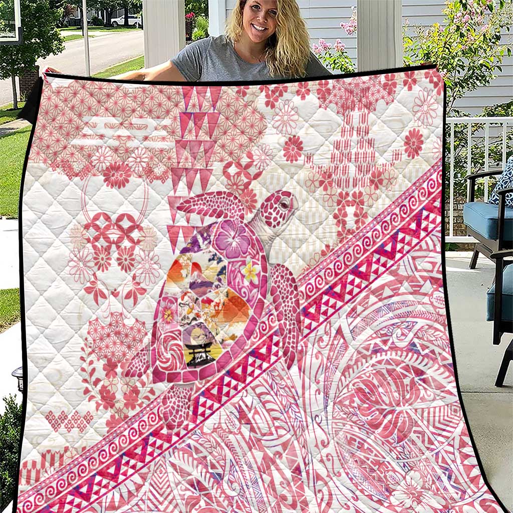 Hawaiian and Japanese Culture Together Quilt Tropical Honu with Japanese Elements Pink Color