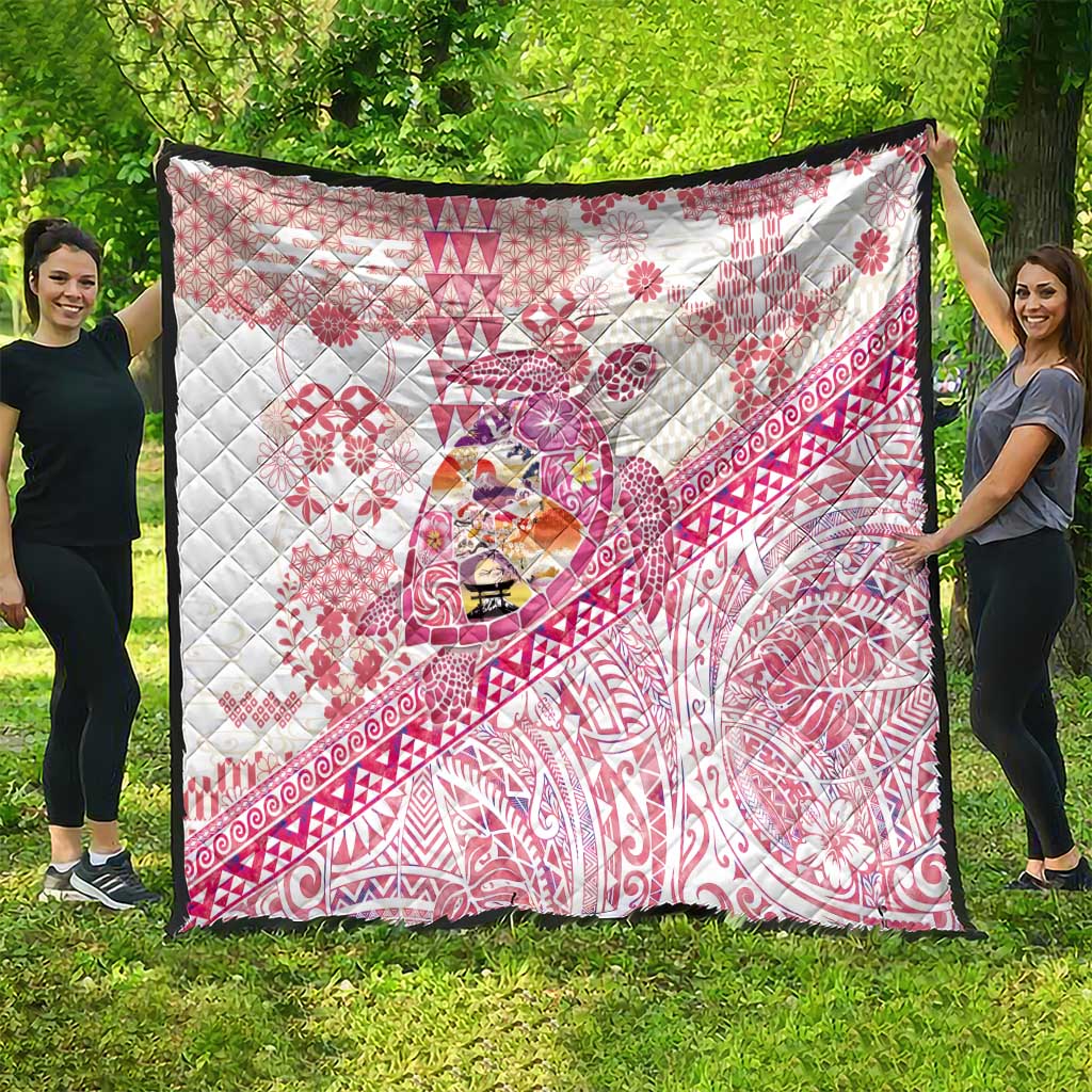 Hawaiian and Japanese Culture Together Quilt Tropical Honu with Japanese Elements Pink Color