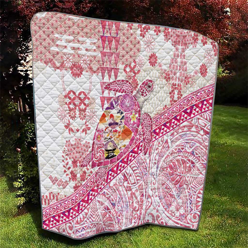 Hawaiian and Japanese Culture Together Quilt Tropical Honu with Japanese Elements Pink Color