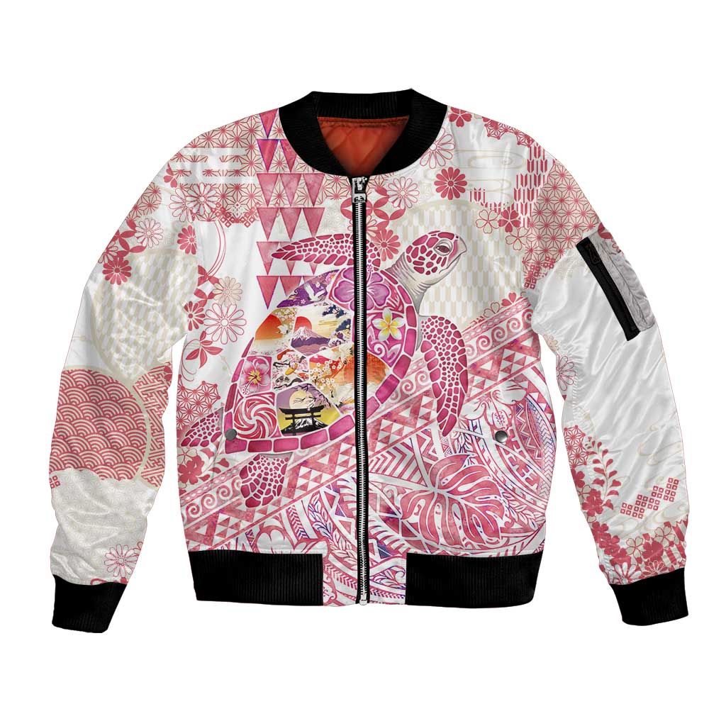 Hawaiian and Japanese Culture Together Sleeve Zip Bomber Jacket Tropical Honu with Japanese Elements Pink Color