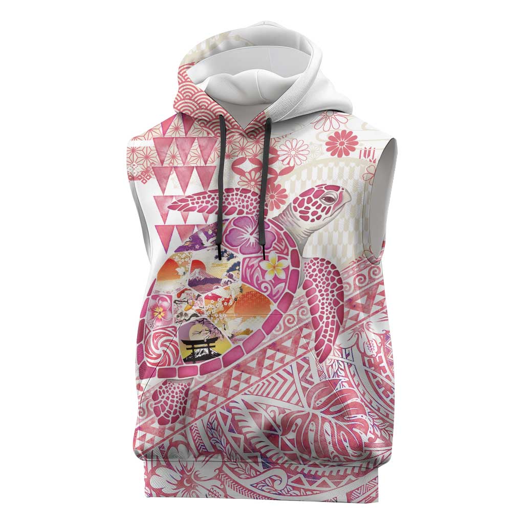 Hawaiian and Japanese Culture Together Sleeveless Hoodie Tropical Honu with Japanese Elements Pink Color