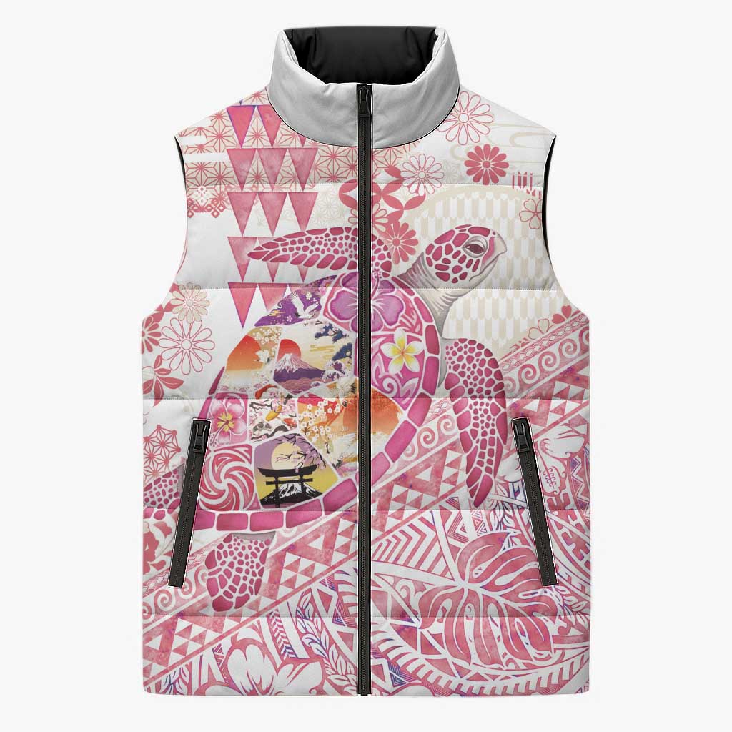 Hawaiian and Japanese Culture Together Sleeveless Puffer Jacket Tropical Honu with Japanese Elements Pink Color