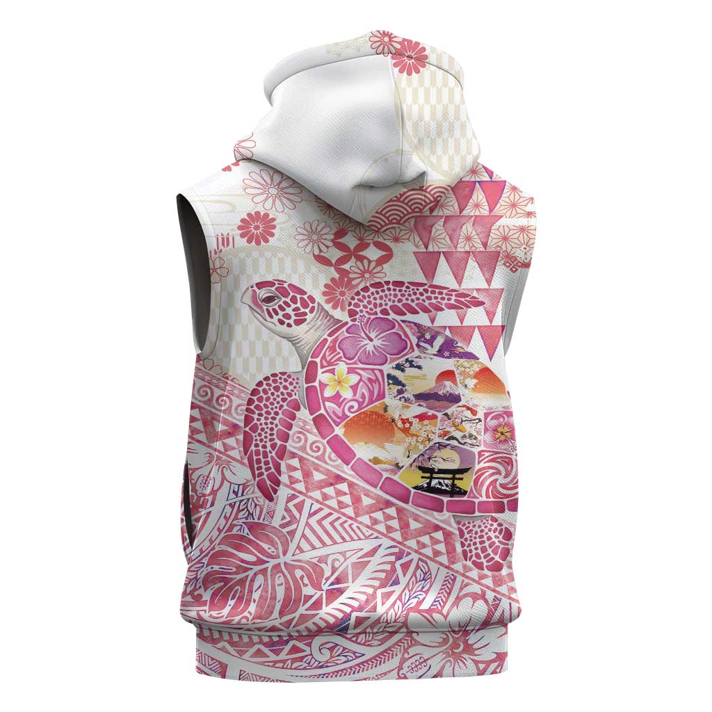 Hawaiian and Japanese Culture Together Sleeveless Zip Hoodie Tropical Honu with Japanese Elements Pink Color LT03 - Polynesian Pride