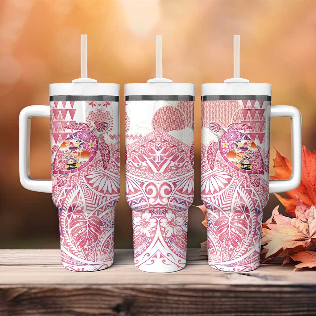 Hawaiian and Japanese Culture Together Tumbler With Handle Tropical Honu with Japanese Elements Pink Color