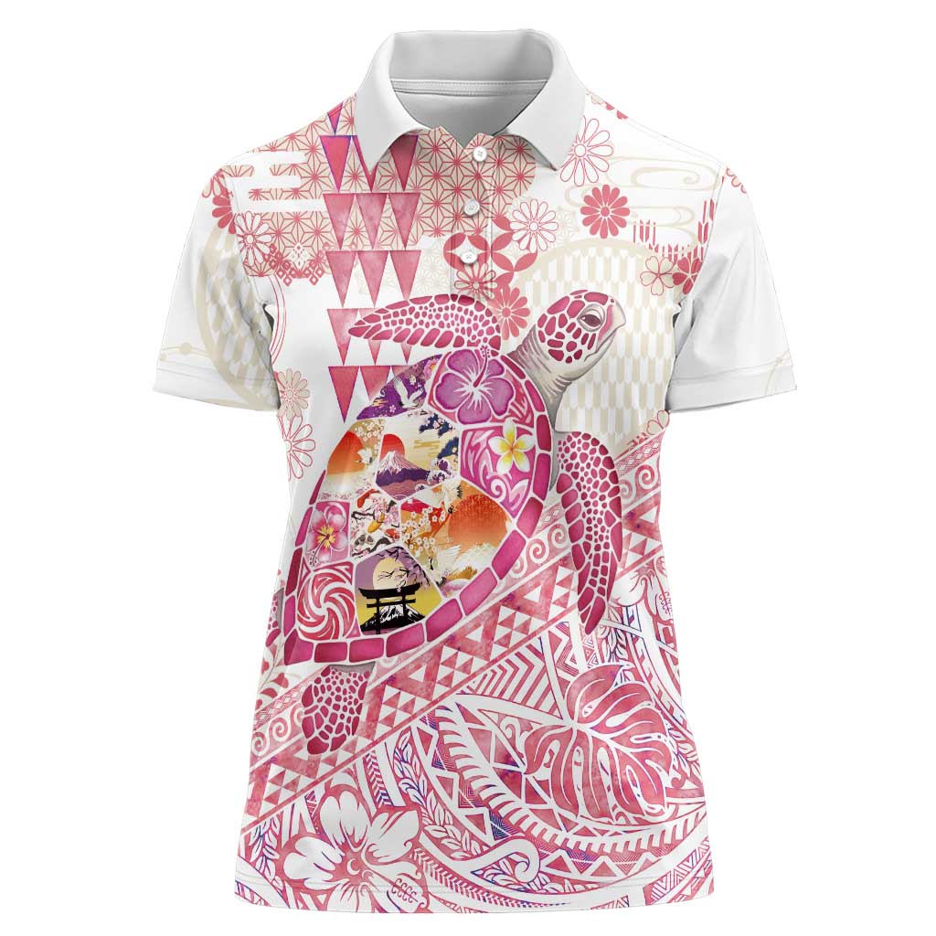 Hawaiian and Japanese Culture Together Women Polo Shirt Tropical Honu with Japanese Elements Pink Color LT03 Female Pink - Polynesian Pride