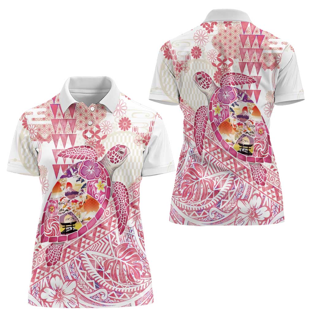 Hawaiian and Japanese Culture Together Women Polo Shirt Tropical Honu with Japanese Elements Pink Color LT03 - Polynesian Pride