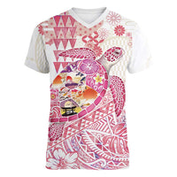 Hawaiian and Japanese Culture Together Women V-Neck T-Shirt Tropical Honu with Japanese Elements Pink Color LT03 Female Pink - Polynesian Pride