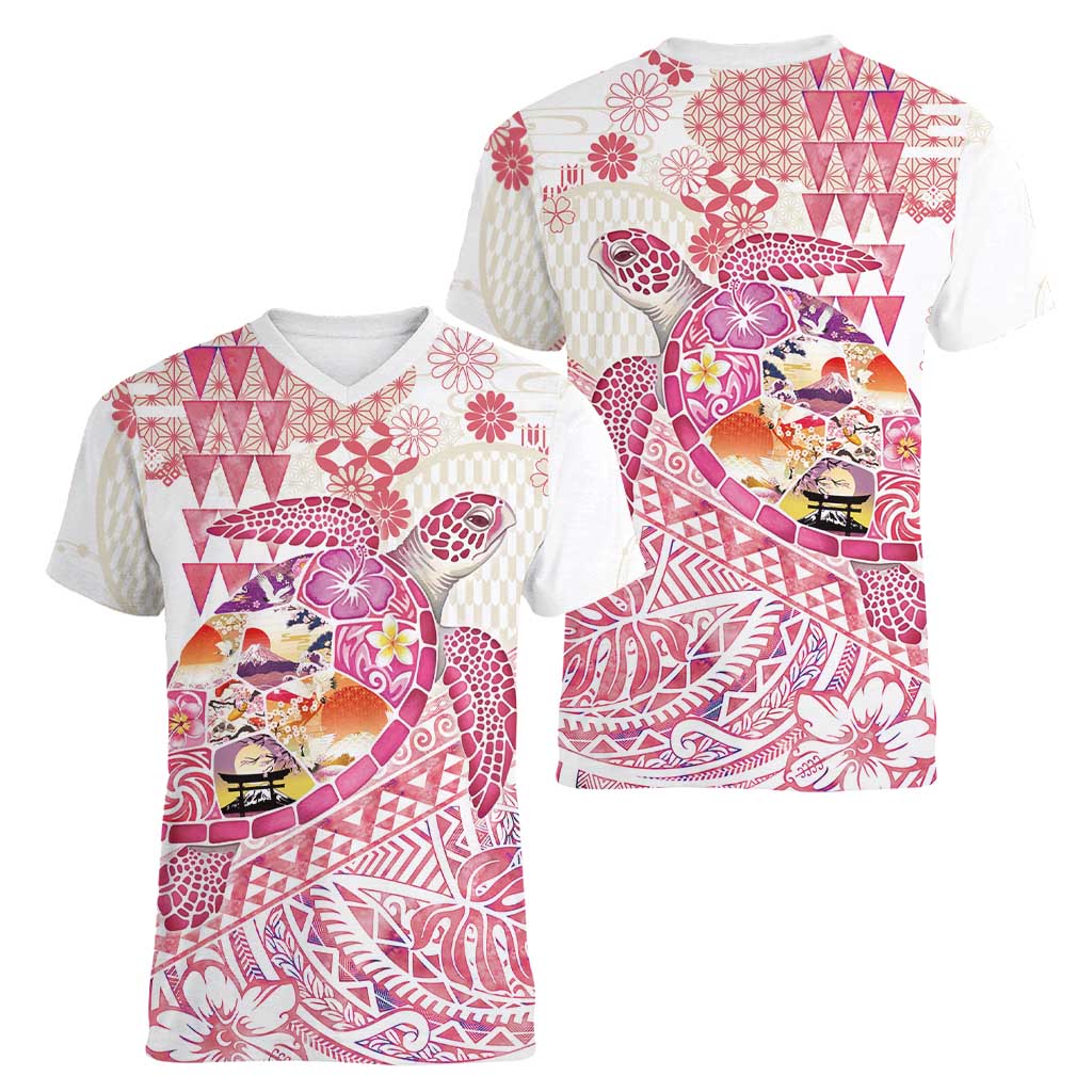 Hawaiian and Japanese Culture Together Women V-Neck T-Shirt Tropical Honu with Japanese Elements Pink Color LT03 - Polynesian Pride