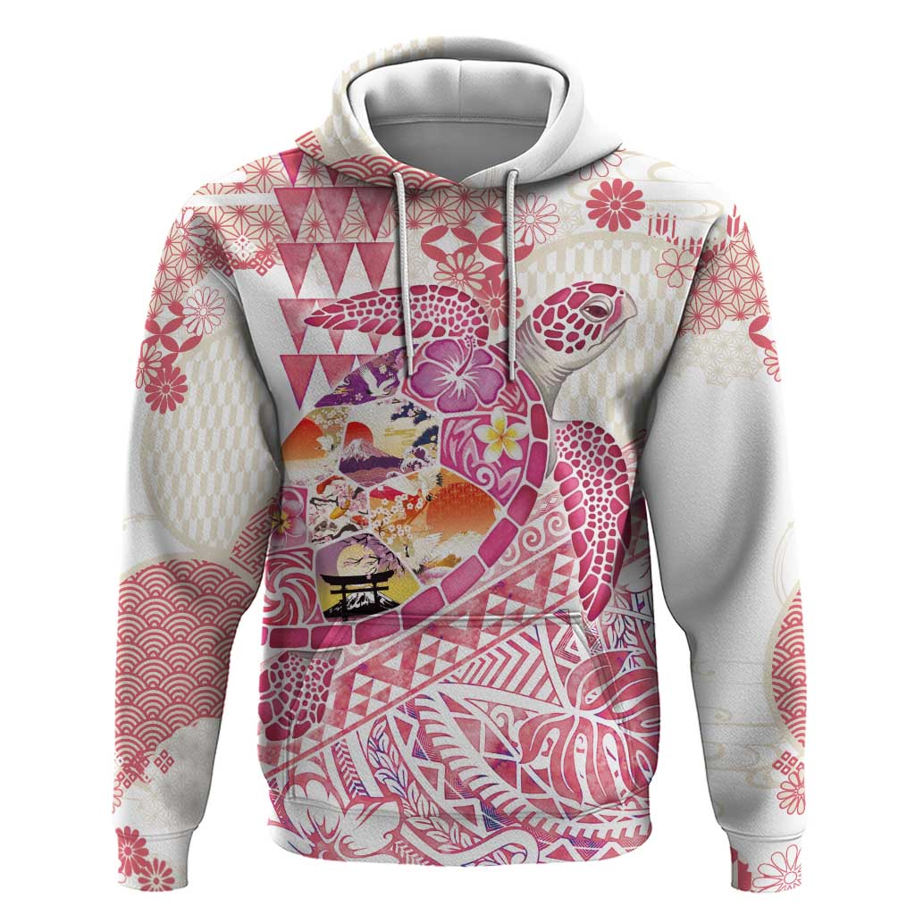 Hawaiian and Japanese Culture Together Zip Hoodie Tropical Honu with Japanese Elements Pink Color LT03 Pullover Hoodie Pink - Polynesian Pride