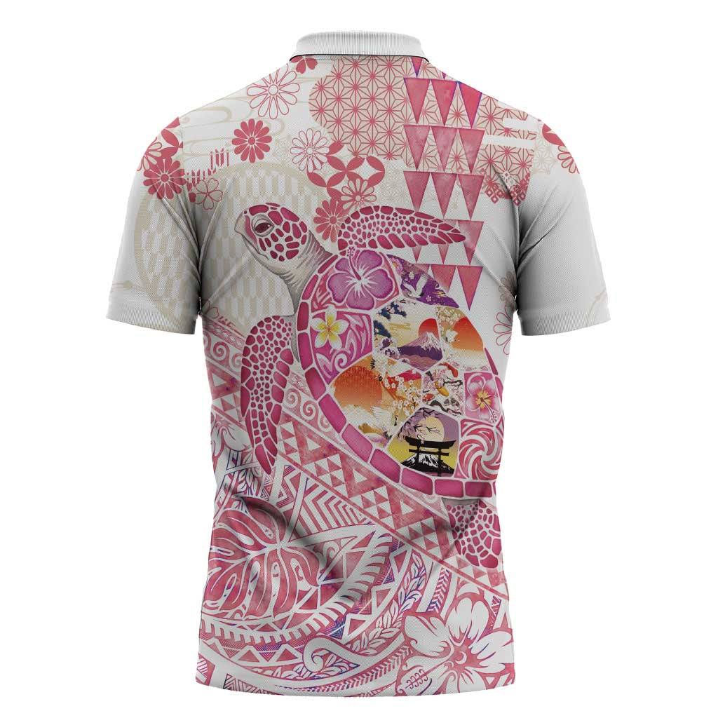 Hawaiian and Japanese Culture Together Zipper Polo Shirt Tropical Honu with Japanese Elements Pink Color LT03 - Polynesian Pride