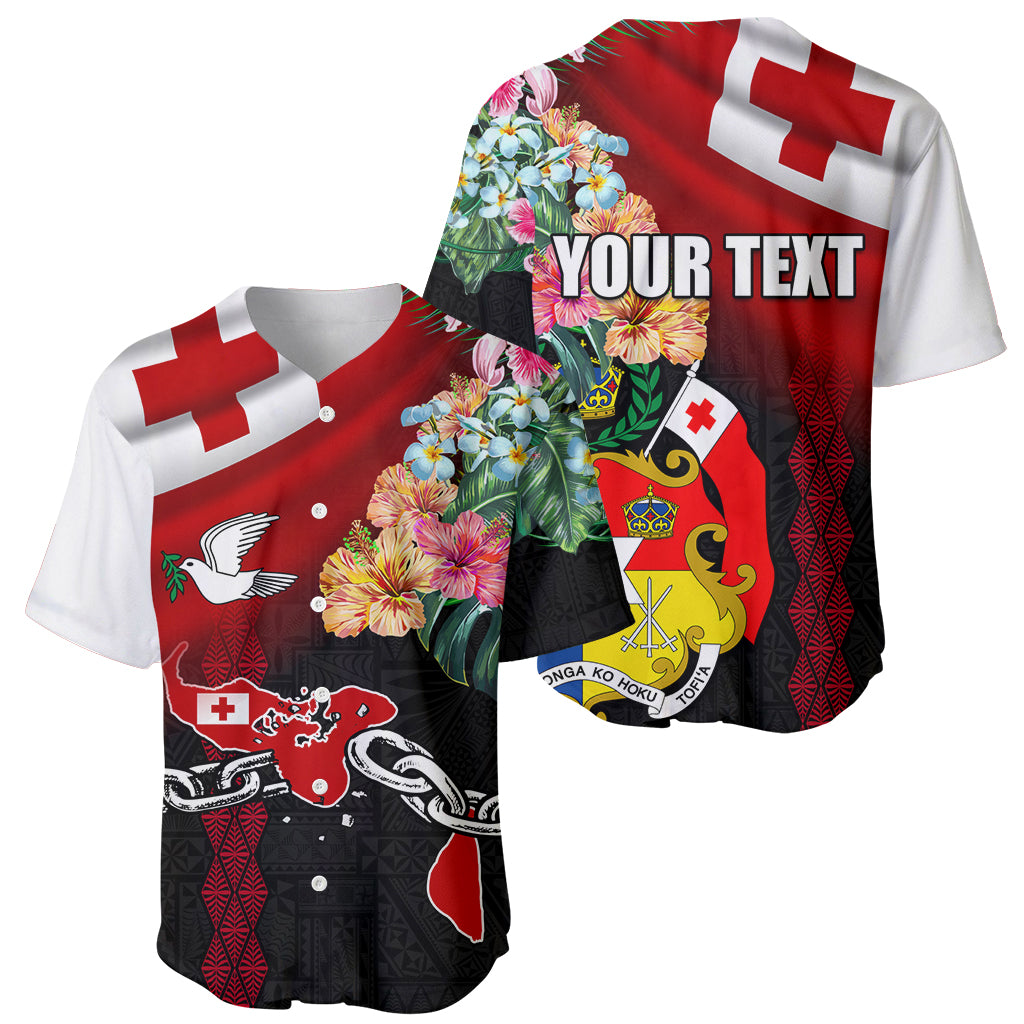 Personalised Tonga Emancipation Day Baseball Jersey Flag Map and Hibiscus Flower Ngatu Pattern LT03 - Polynesian Pride