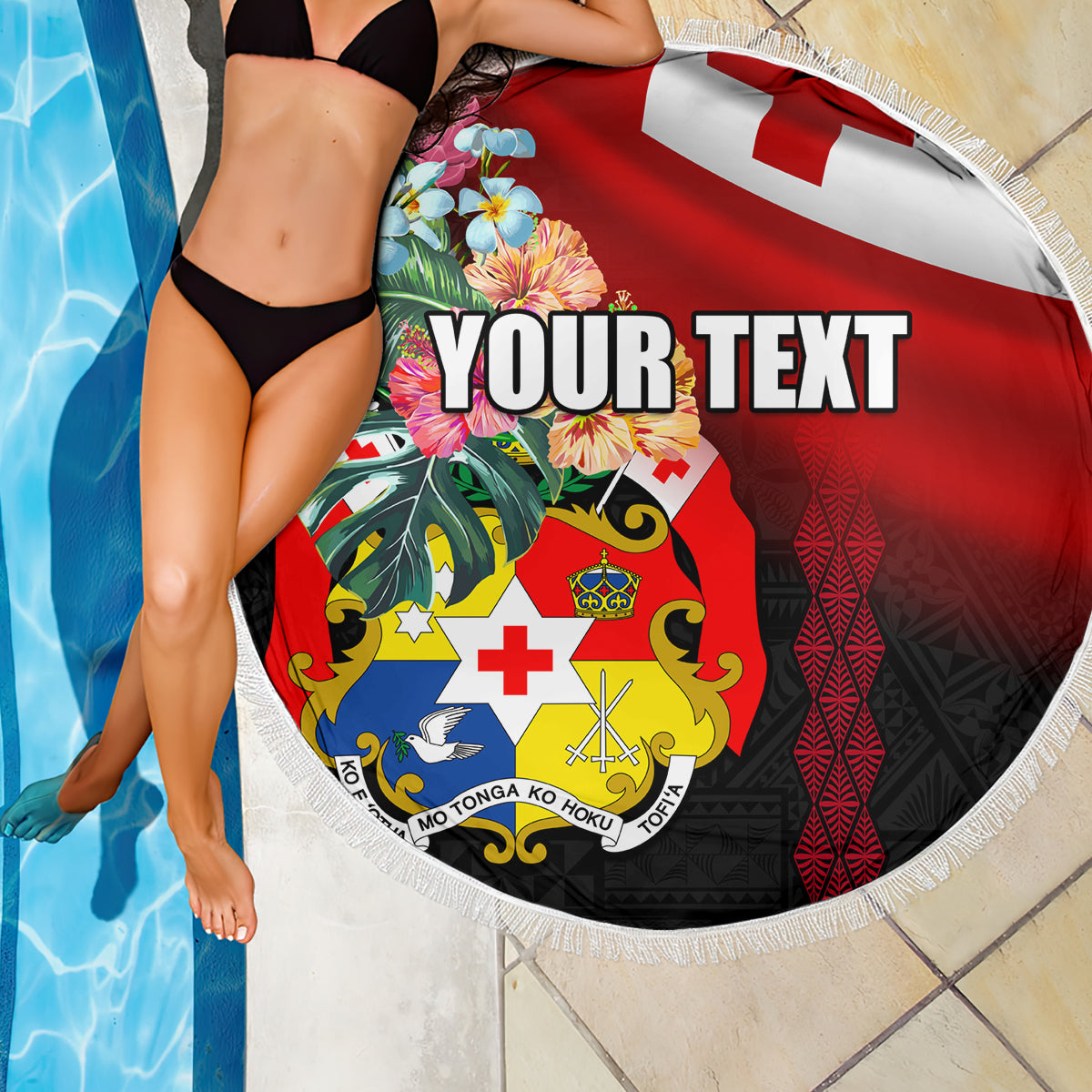 Personalised Tonga Emancipation Day Beach Blanket Flag Map and Hibiscus Flower Ngatu Pattern