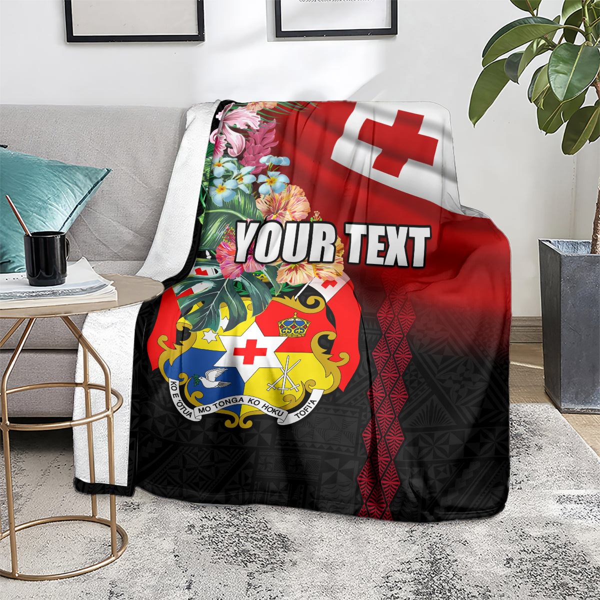 Personalised Tonga Emancipation Day Blanket Flag Map and Hibiscus Flower Ngatu Pattern