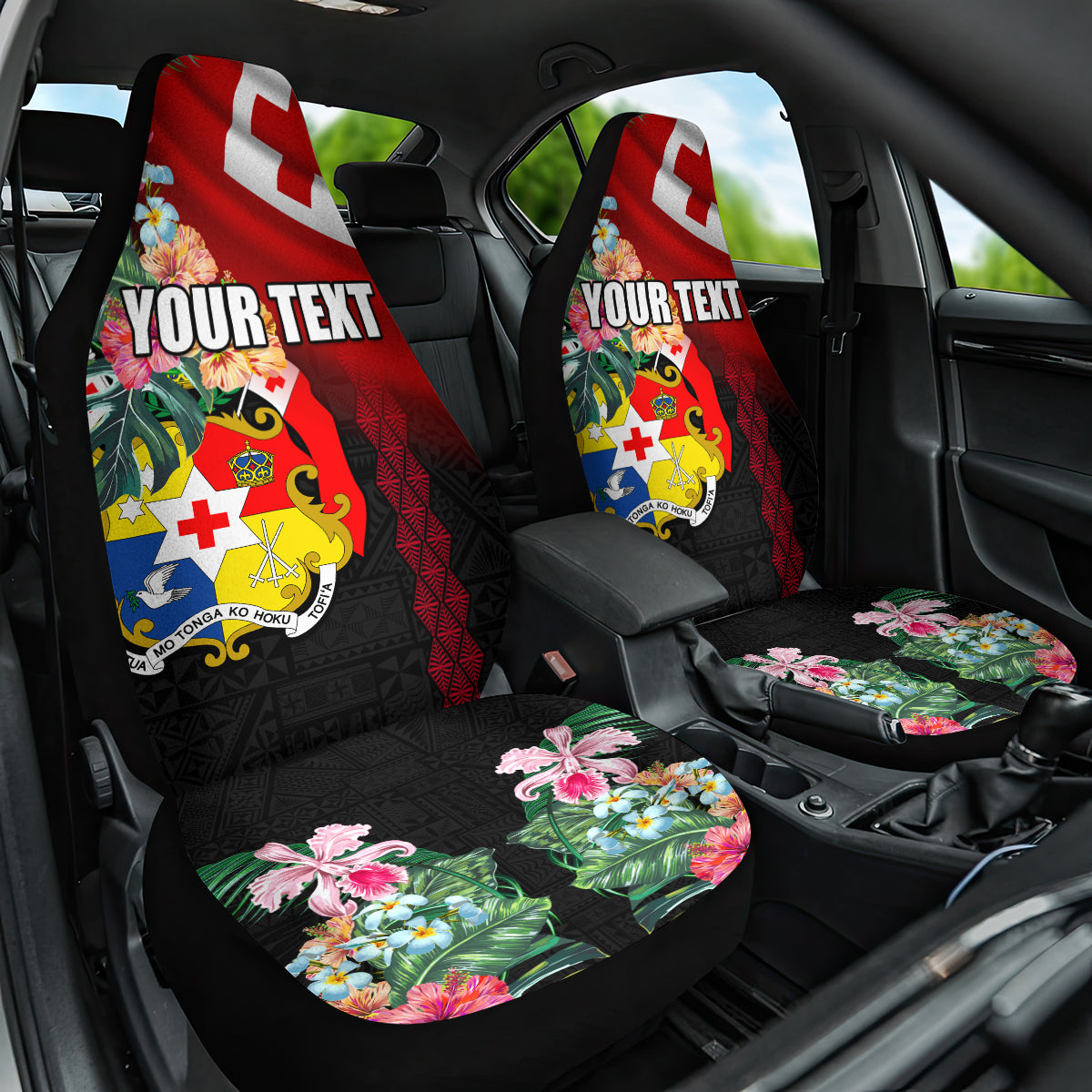 Personalised Tonga Emancipation Day Car Seat Cover Flag Map and Hibiscus Flower Ngatu Pattern