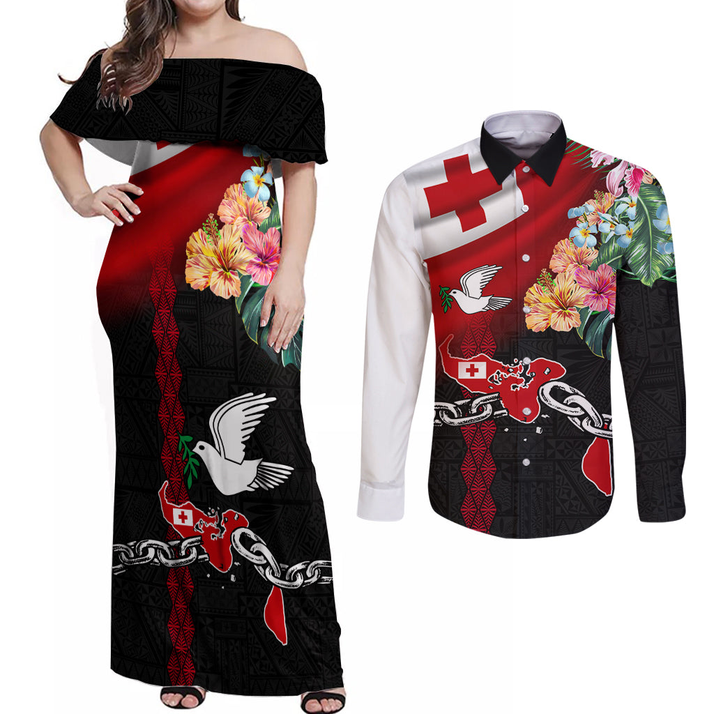 Personalised Tonga Emancipation Day Couples Matching Off Shoulder Maxi Dress and Long Sleeve Button Shirt Flag Map and Hibiscus Flower Ngatu Pattern LT03 Black - Polynesian Pride