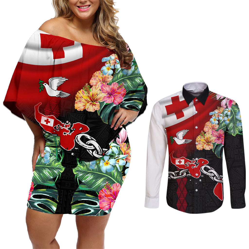 Personalised Tonga Emancipation Day Couples Matching Off Shoulder Short Dress and Long Sleeve Button Shirt Flag Map and Hibiscus Flower Ngatu Pattern LT03 Black - Polynesian Pride