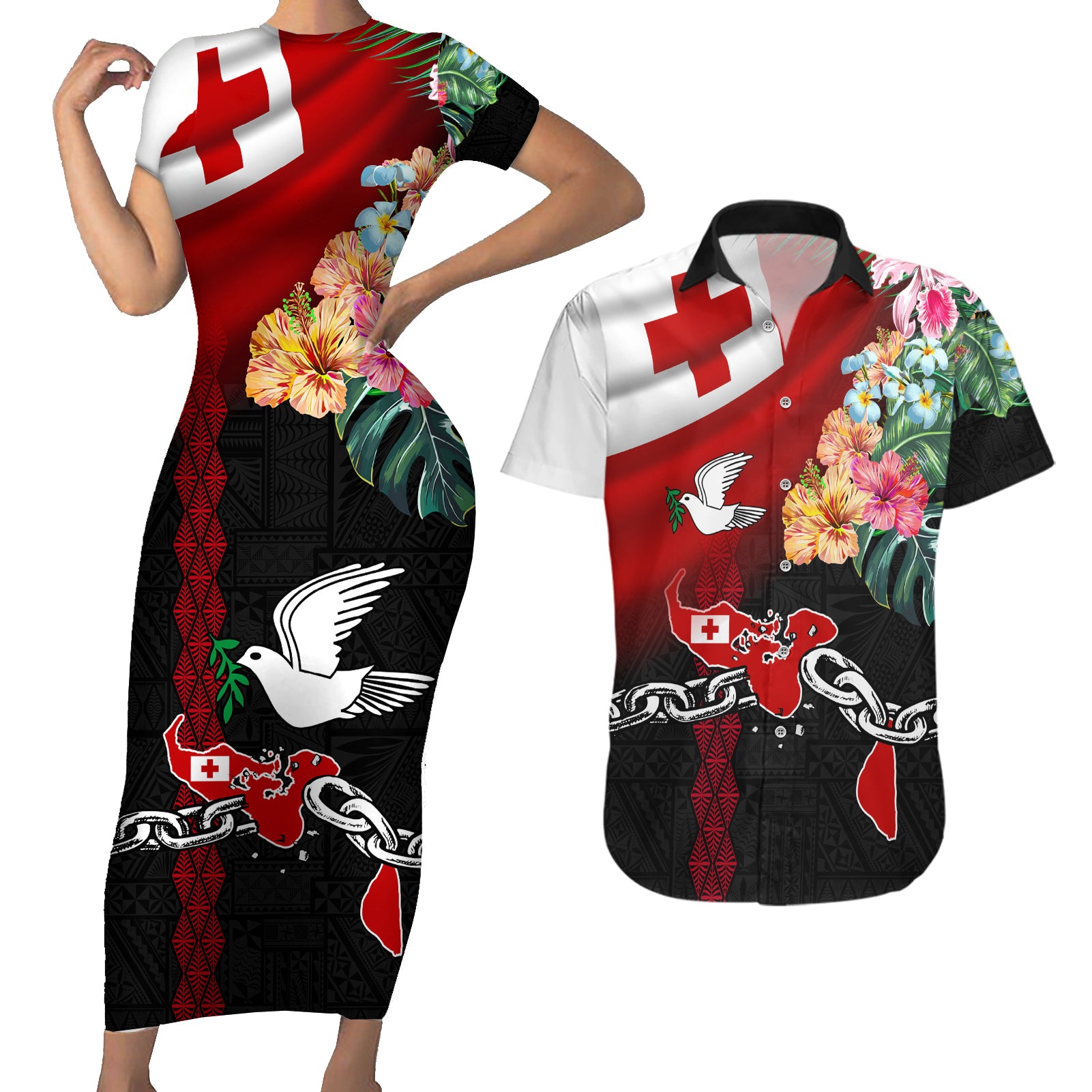 Personalised Tonga Emancipation Day Couples Matching Short Sleeve Bodycon Dress and Hawaiian Shirt Flag Map and Hibiscus Flower Ngatu Pattern LT03 Black - Polynesian Pride